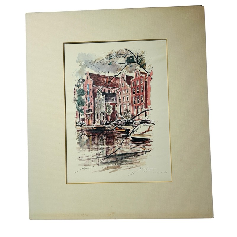 Amsterdam Canal Village Vintage Matted Impressionist Art Print 14X16″