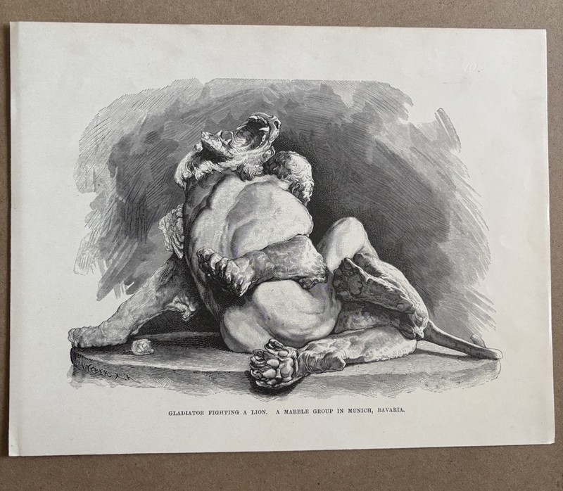 Vtg Antique Woodblock Engraving Print Roman Greek Gladiator Fighting Lion 1887