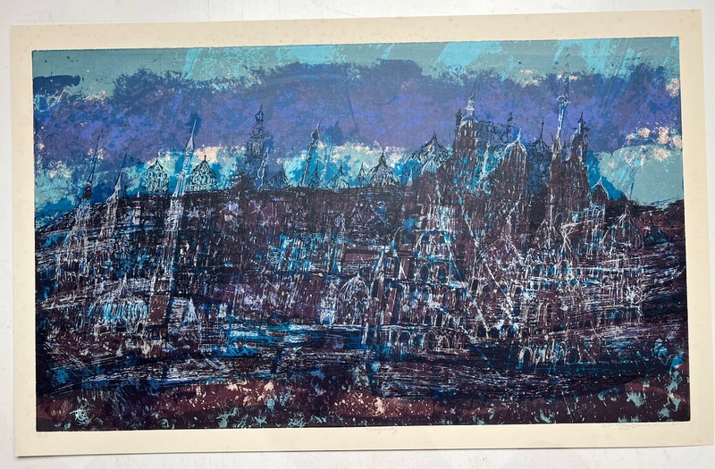 Dorothy Bowman Signed Vintage Serigraph Print Titled «Twilight City» 1961
