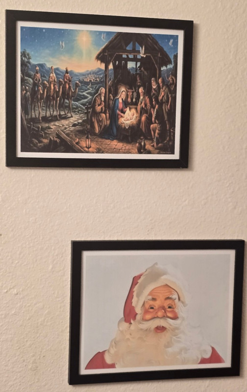 Nativity Scene And Santa Claus Pair Of Christmas Home Decor Framed Art Prints