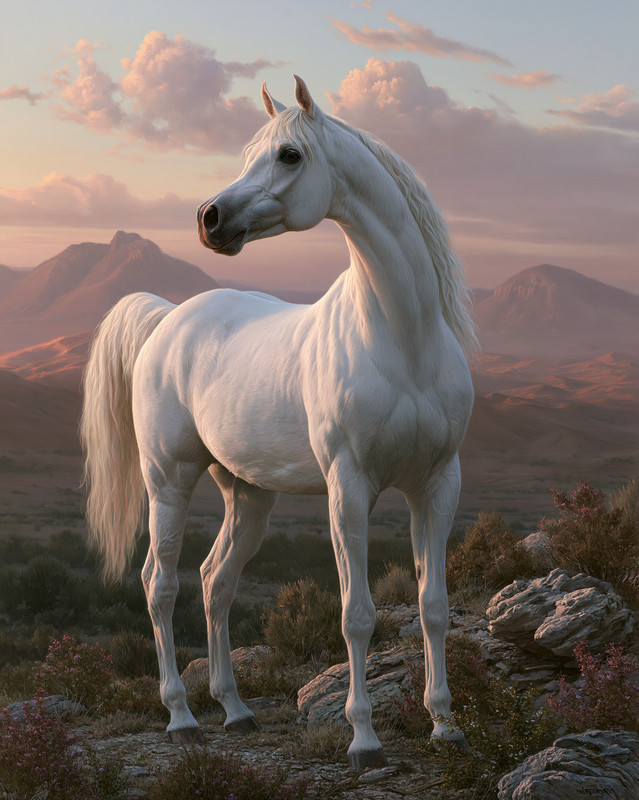 8×10 White Horse at Mountain Sunset Art Print – 324411359