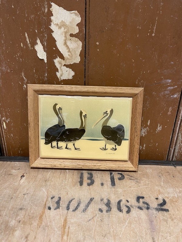W Morgan 1984 Framed Print Artwork Three Pelicans On A Beach Vintage Style
