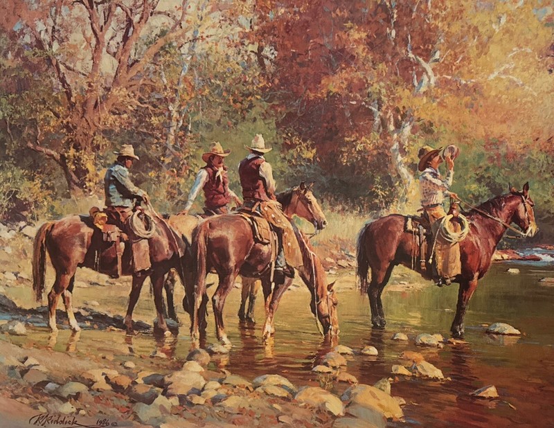 Signed “A Toast to Indian Summer” By R. S. Riddick Cowboy Horses Western Art