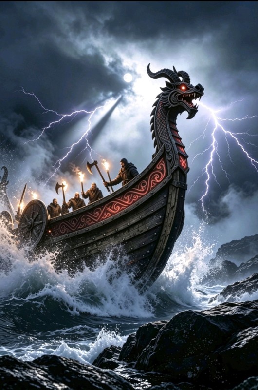 VIKING LONG BOAT STORM WATERCOLOUR ILLUSTRATION 8X12 inch matt print