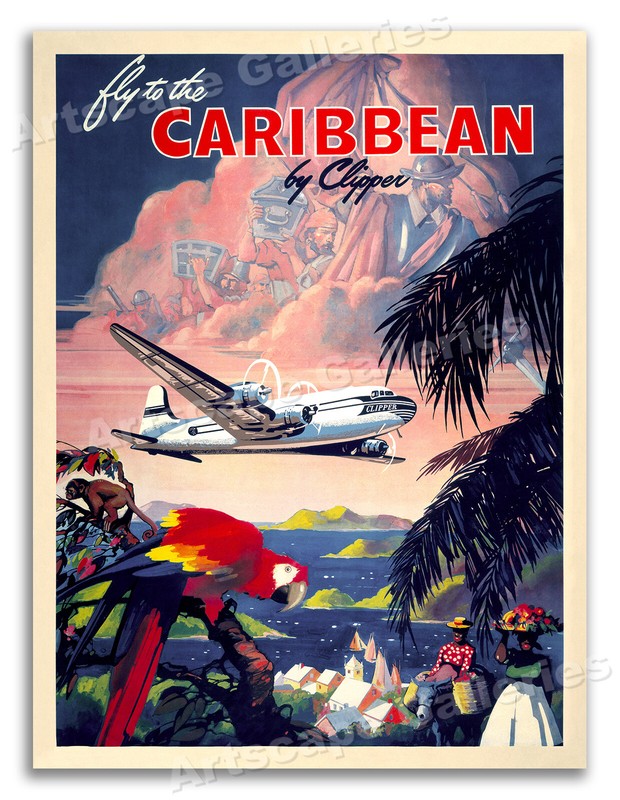 1940s Fly to the Caribbean Vintage Style Tropical Travel Poster – 18×24