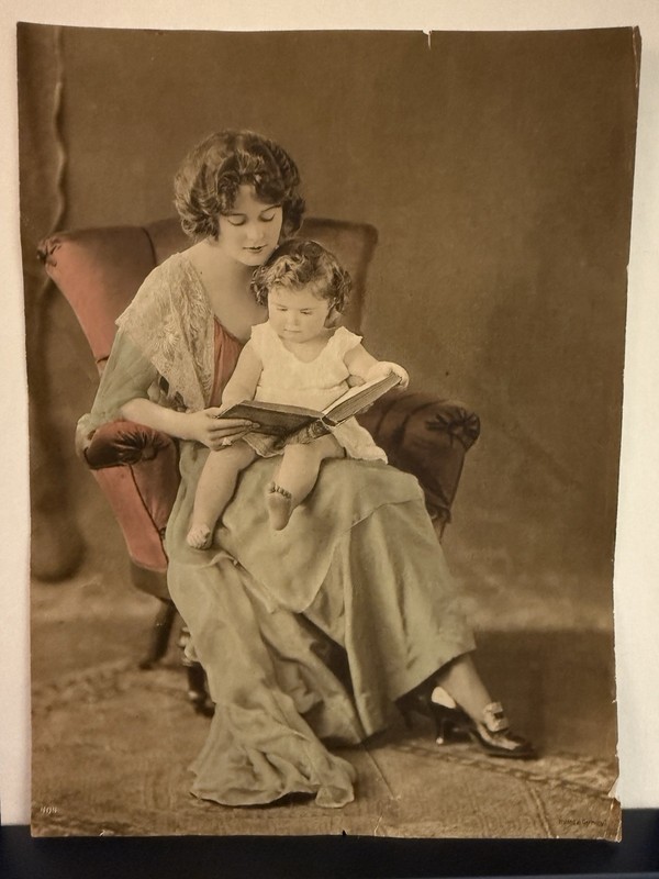 Vintage Litho Mother & Child Reading Book in Easy Chair Color Tinted 9″ x 6 3/4″