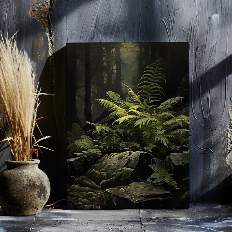 Fern Illuminated by Sunlight in Dark Moody Woodland - Gothic Wall Art Canvas Pri gallery