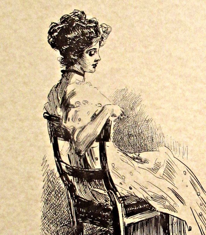 "THE WALL FLOWER" ~ (GIBSON GIRL) ~ ** 1909 PEN-AND-INK SKETCH - (11" X 14") ** gallery