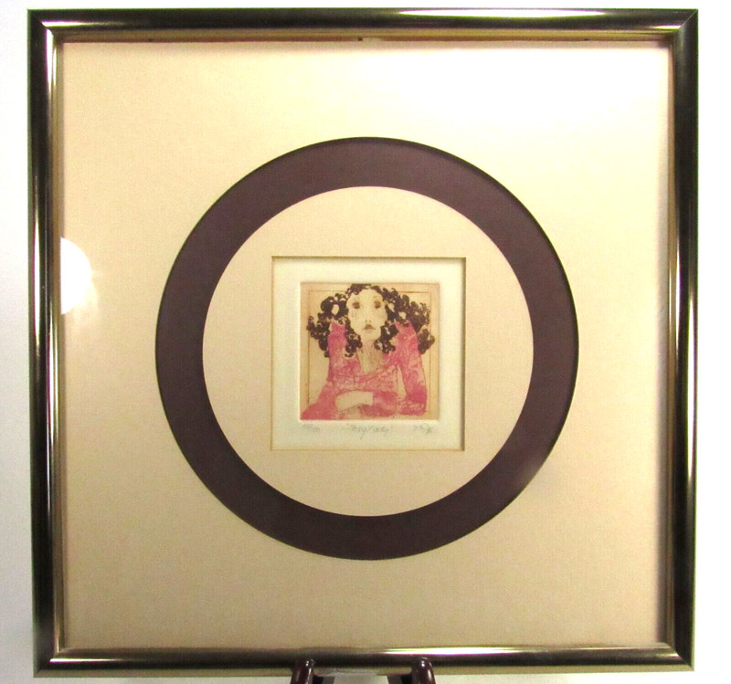 Mamie Joe (Rayburn) ‘Foxy Lady’ Etching 3″ x 3″ Signed COA Mat & Framed