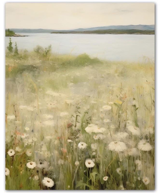 Botanical Summer Lake Daisies Daisy Landscape 8×10 Floral Print Wall Art Poster