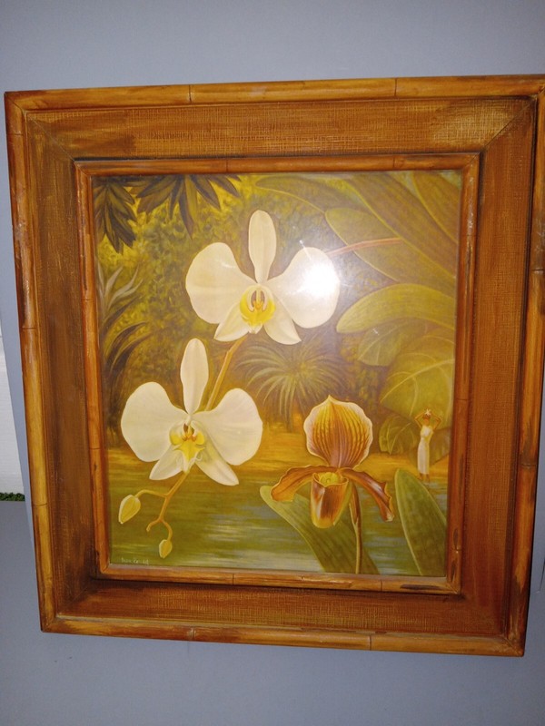 Edna Reindel Framed Floral Art Print With Bamboo Type Frame 17″ x 18.5″