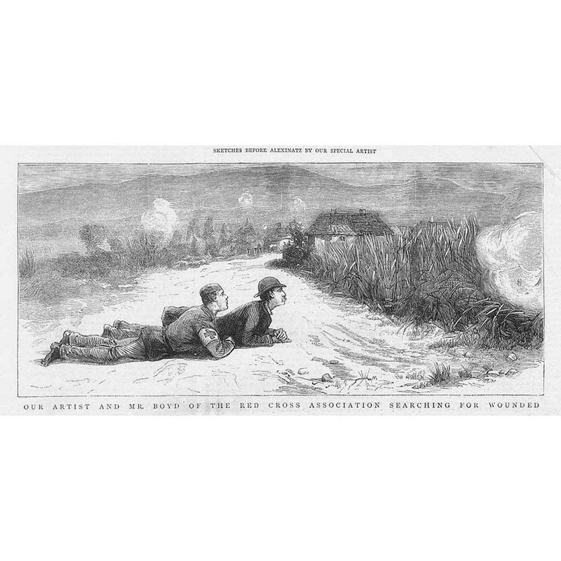 SERBIAN-OTTOMAN WAR Red Cross Searching for the Wounded – Antique Print 1876
