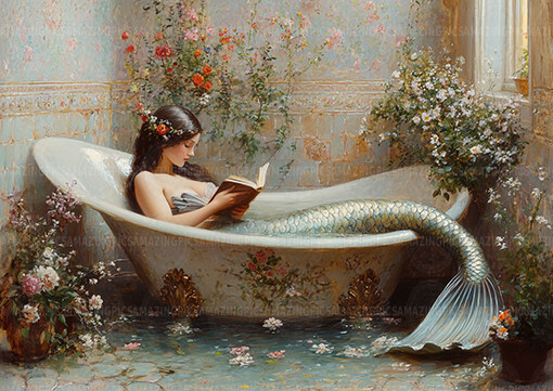 Mermaid Beauty Reading in Victorian Bathtub Siren Floral Bathroom Art Print y79
