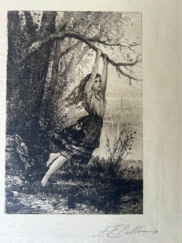 A.F. Bellows Original Signed Etching Young Girl on Tree Swing Antique Intaglio
