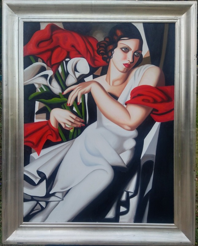 TAMARA DE LEMPICKA Lady with Flowers Painting Huge 50″x40″ Framed ART Deco PRINT