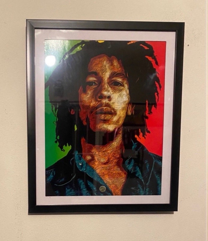 bob marley custom art piece in black frame