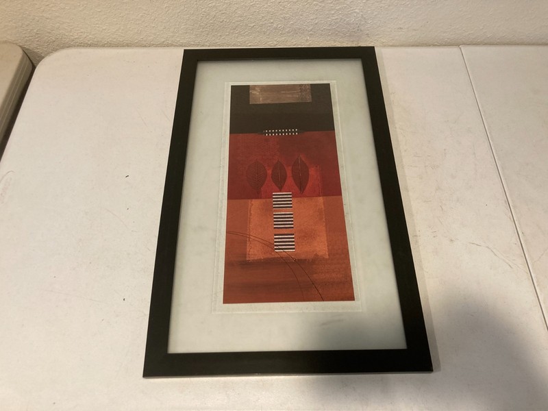 Contemporary Art Framed Print Double Matted 26”x16” Geometric Shapes Red Orange