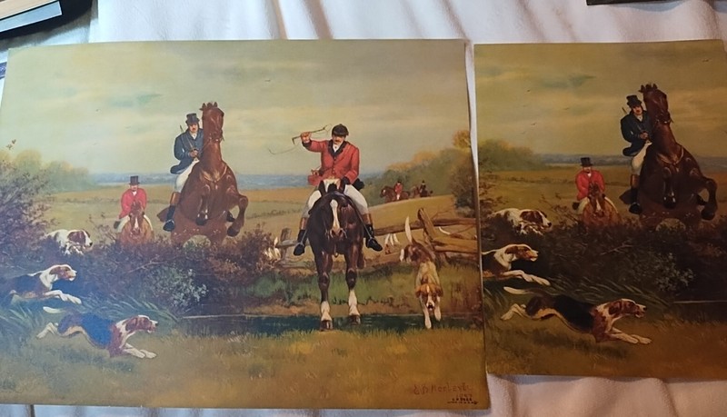 2 Vintage Chromolithographs -Fox Hunting- E.B. Herberte-9″X12″ & 6″X8″