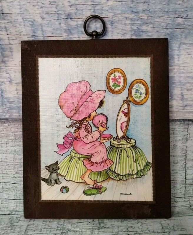 1970s Bright Colorful Holly Hobbie Print on Wood Vanity Cat Retro Cute Vintage