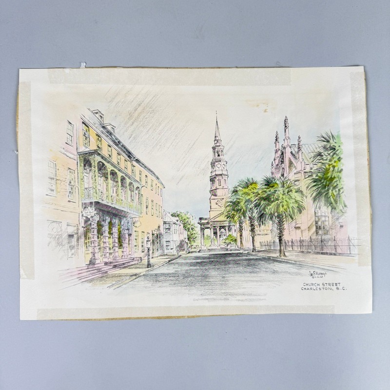 Vintage J.S. F. Murray «Church Street Charleston S.C.» Artwork Print 1963