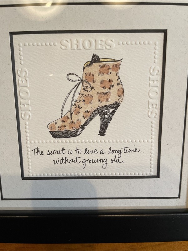 Hand Painted & Embossed Framed Shoe Art "The Secret is to Live a Long time ...." gallery