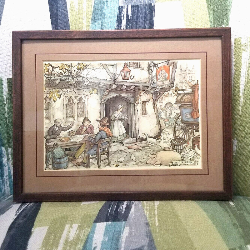 3 Vtg Anton Pieck Framed Art Prints Village Life Street Scenes Wall Hanging gallery
