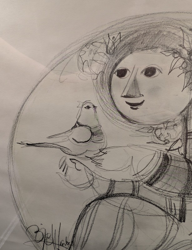 Bjorn Wiinblad Girl With Bird Offset Lithograph Signed In Plate, Framed Matted gallery