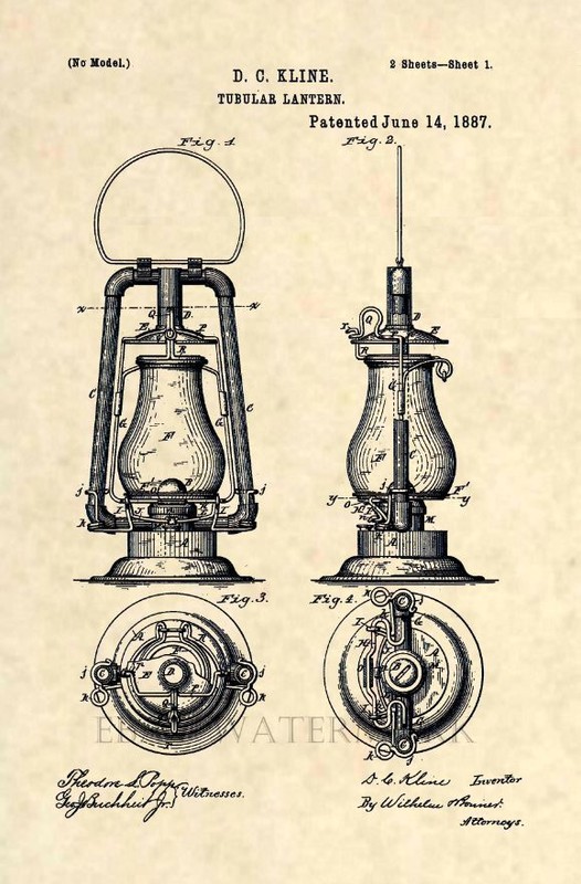 Official 1887 Hurricane Lamp US Patent Art Print – Antique Lantern Original 224