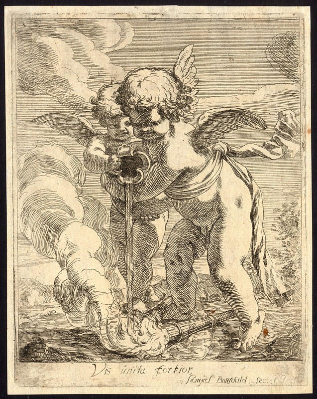 Antique Master Print-ALLEGORY-PUTTI-TORCH-FLAME-Bottschild-ca. 1690