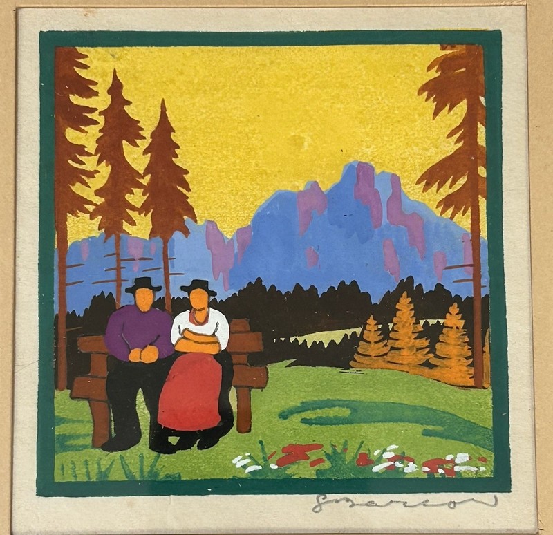 4 Antique Woodcut Paintings G. Barton Holiday Neighborly Talk Swiss Lake Set gallery