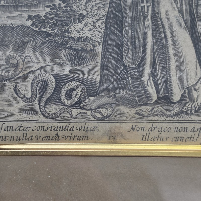 c.1600 Old Master Engraving St Didymus Serpents Laid Paper Framed 11.5x10.25 In. gallery