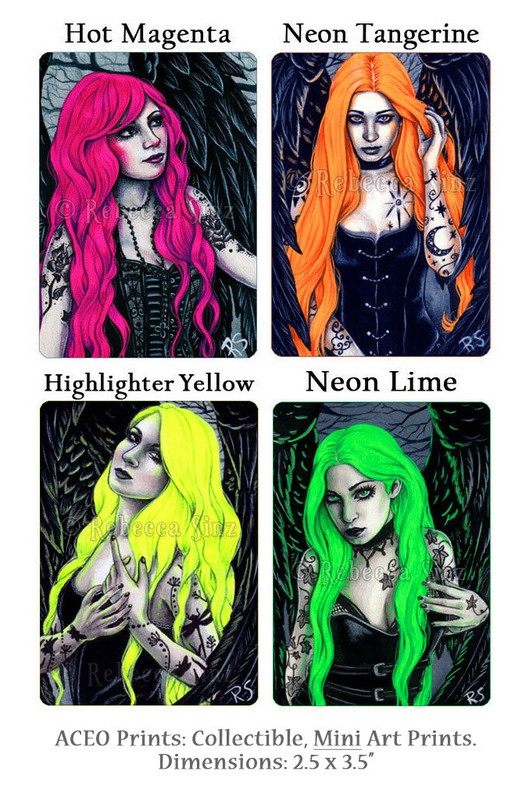 ACEO LE PRINTS Angels Tattoos Colors Gothic Neon Hair Corset Pink Yellow Orange