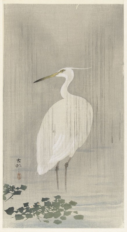 Ohara Koson Egret in Rain Vintage Japanese Woodblock Fine Art Print