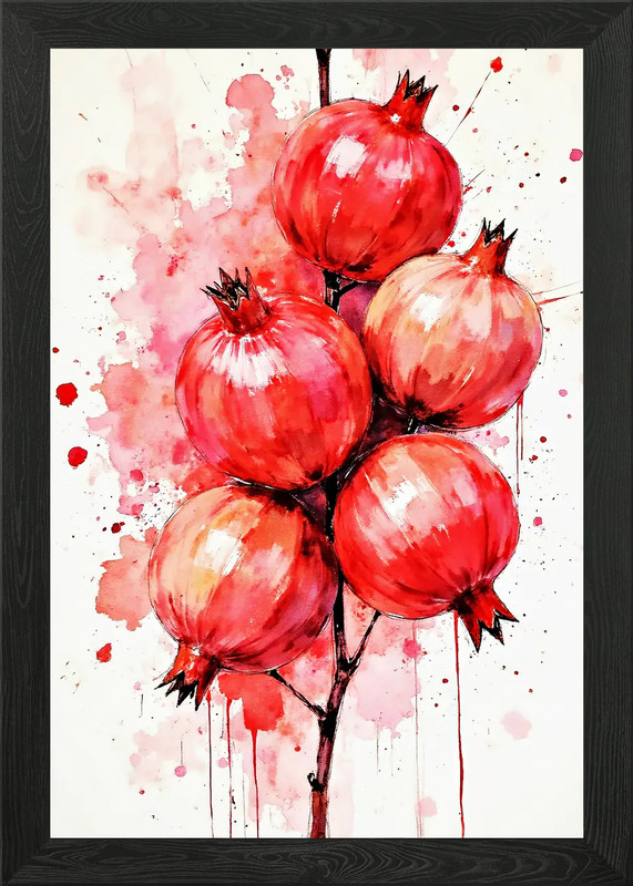 Watercolor Pomegranates on Branch Framed Wall Art Poster Canvas Print Picture