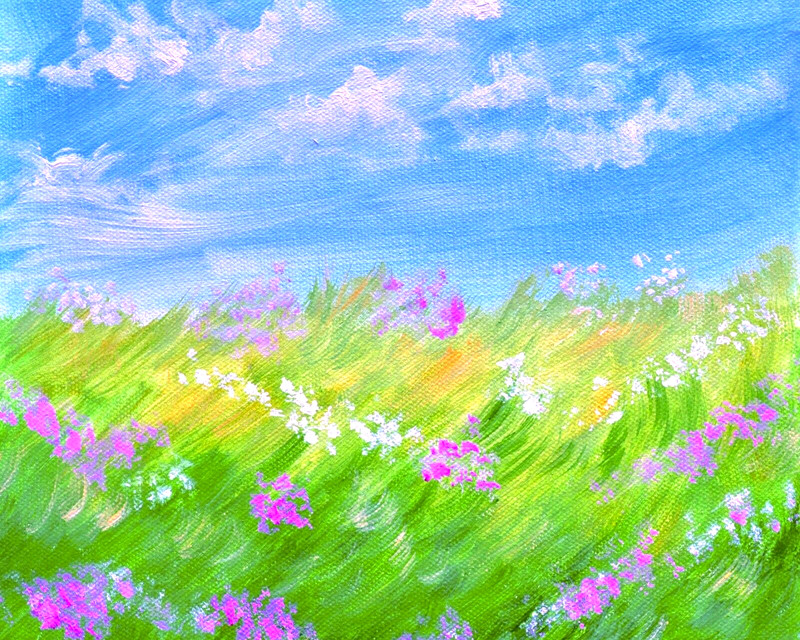 Tranquil meadow painting print of original 2.5×3.5 ACEO pink flowers miniature