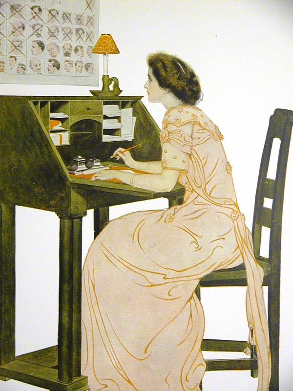 Coles Phillips GIRL WRITING LOVE LETTERS to LOVERS 1911 Antique Art Print Matted