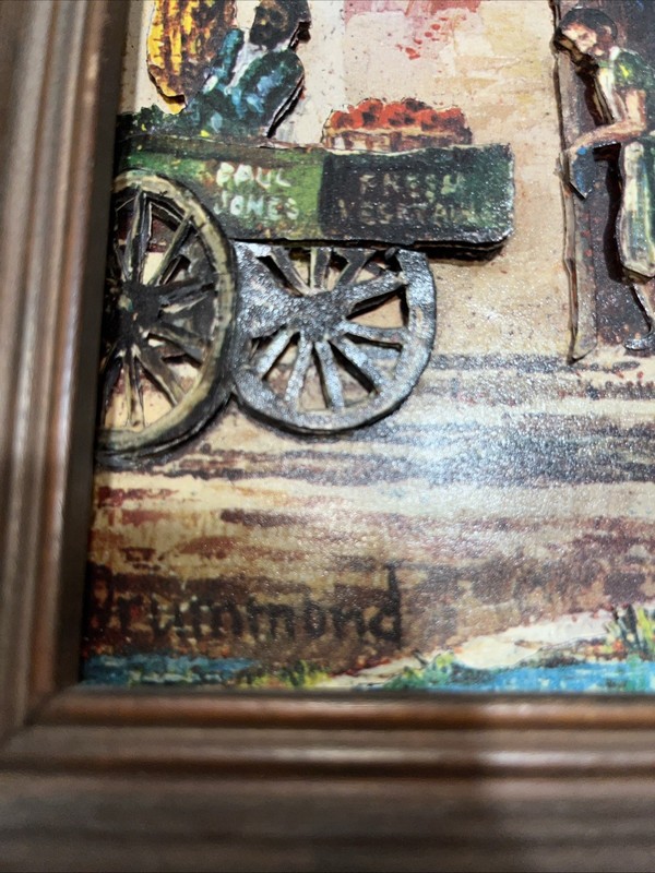 Vintage 3D Rustic Paper Art Framed Picture. Featuring City/Cart Signed. 16X7 In gallery