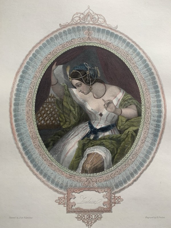 Antique Victorian Romantic Poetry Engraving Zelica Hand Coloured c1853
