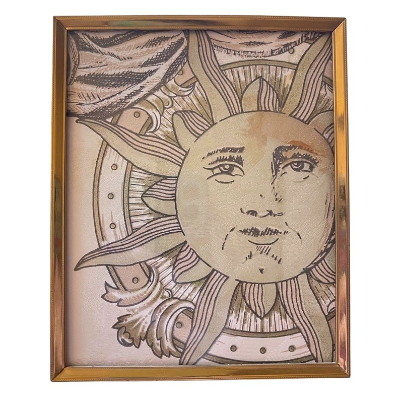 90s Vtg Celestial Sun Moon Star Print Framed Wall Art Gold metal Frame 8×6″ Teal