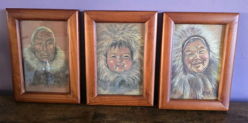 Set Of Three Vintage Framed Eskimo Prints By Mary Newton