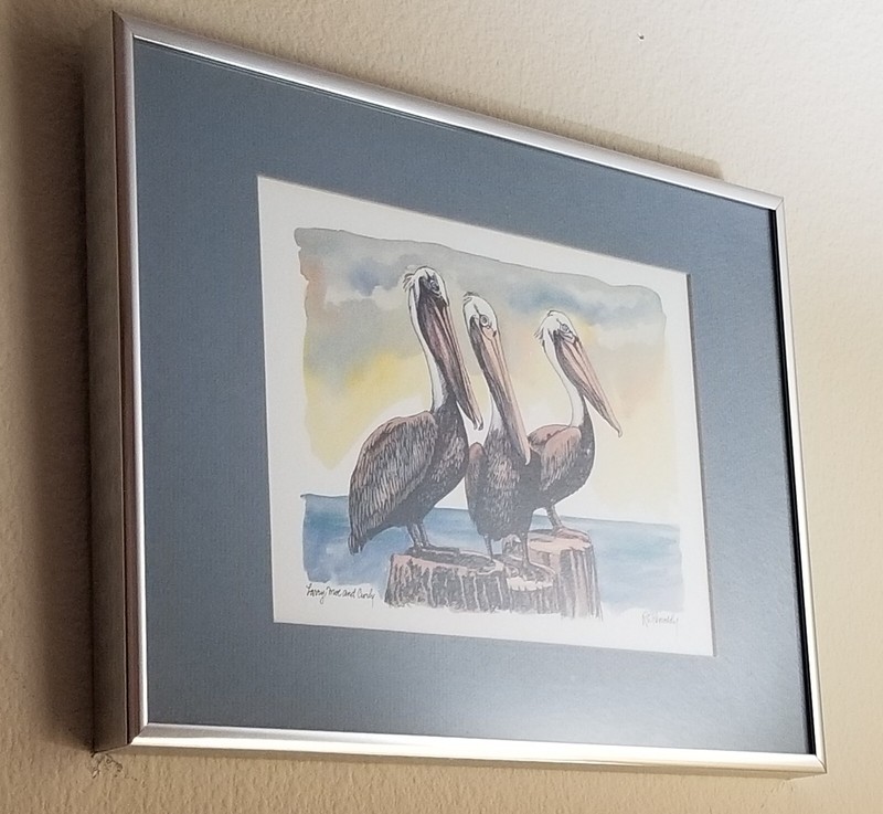 Vtg R E Kennedy Larry Moe Curley Art Print Pelicans in Brushed Aluminum Frame