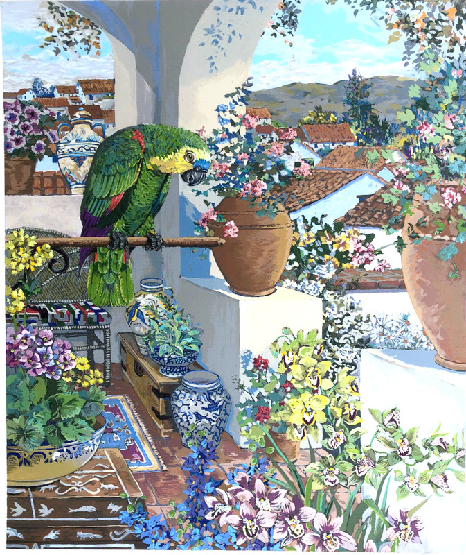 Parrot on Rooftop Balcony 29 3/4 x 25 1/2 Lithograph-John Powell