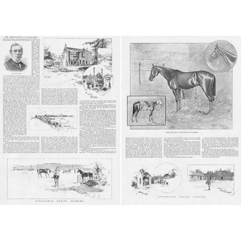 KINGSCLERE Horse Racing Stables – Double sided Antique Print 1892