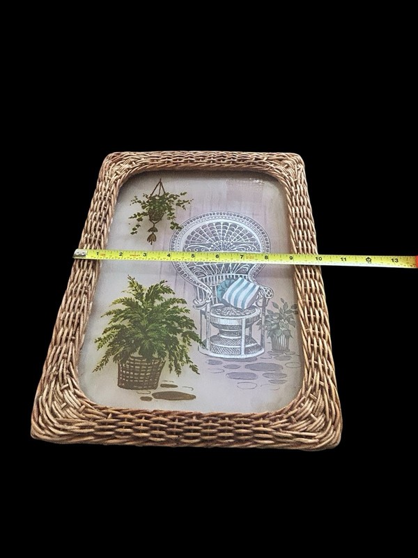 Vtg Boho Peacock Wicker Chair Picture Reverse Painted Glass Fern 13" x 10" gallery