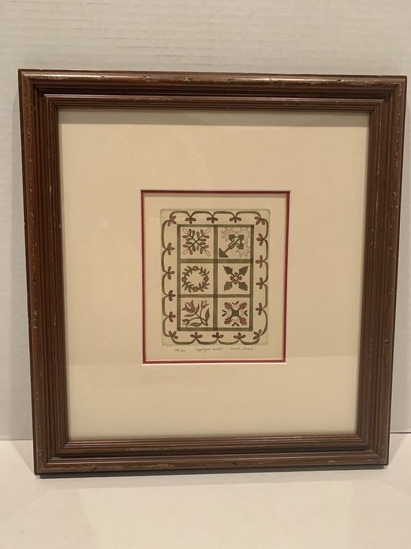 Vintage Sarah Rishel Framed «Applique Quilt» Print Numbered & Signed 14 x 13