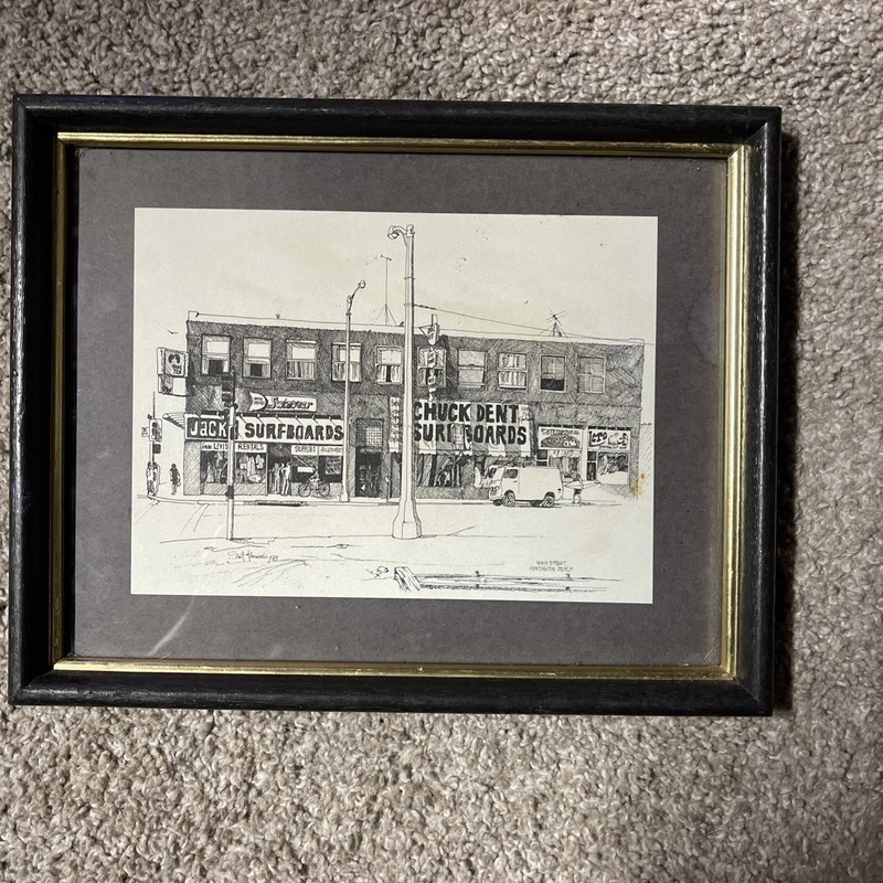 1971 Scott Kennedy JACK's Surfboards Beach Print Pen and Ink 6.75x4.75 Framed
