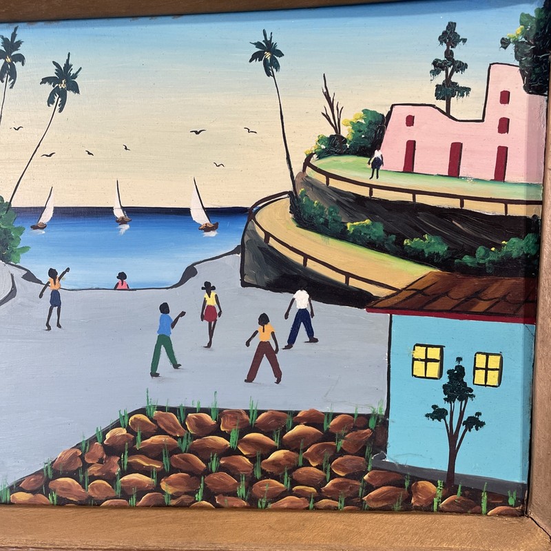 Vintage Murat St. Vil, Haitian Seaside, Acrylic Board, signed, handcarved frame gallery