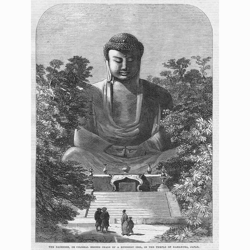 JAPAN Colossal image of Buddhist Idol at Temple of Kamakura – Antique Print 1865