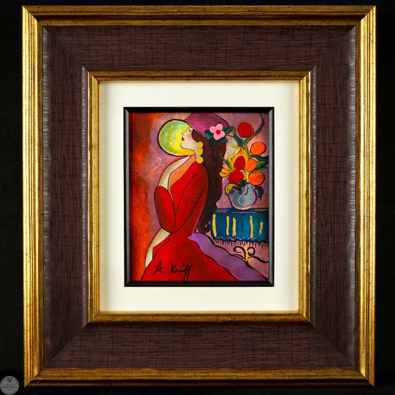 Vintage Linda Le Kinff Signed Hand Embellished Serigraph on Wood with COA