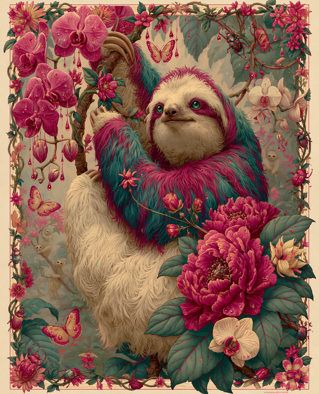 8×10 Colorful Sloth Among Orchids Art Print – 557261993